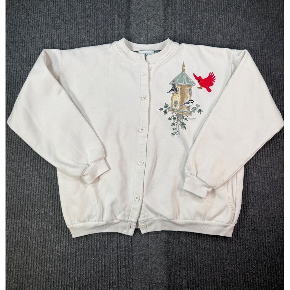 Vintage 1996 Artisans Sunschein Designs Birdhouse Cardinal Button Sweatshirt SM